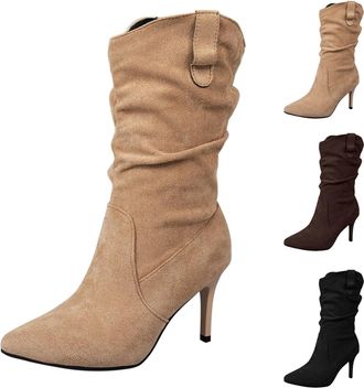 Generic Womens Pointed Toe Heel Boots Stiletto Heels Mid-Calf Boots Slouchy Comfort Rouched Shoes Ladies Pull On Suede Winter Dress Shoes for Dates, Weddings,