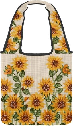 Generic Art Embroidery Sunflower Reversible Canvas Shoulder Tote - Double-Sided Print, 12oz Cotton, 27cm Drop, Fold-Flat Bag for Travel, Shopping, Street Outi