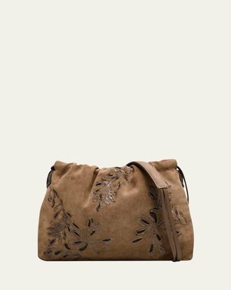 Brunello Cucinelli Mini Floral-Embroidered Suede Pouch Bag