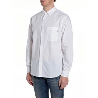 Replay Overhemden, Heren, Wit, M, Katoen, Katoenen Poplin Shirt