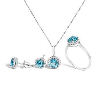 House of Brilliance 10K Gold Gemstone and 3/8 Cttw Diamond Halo Jewelry Set in White | Blue Topaz at Nordstrom