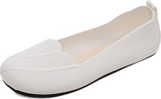Generic Womens Knitted Flat Shoes Lightweight Comfortable Loafers Slip On Casual Breathable Mesh Walking Shoes (7.5,White)