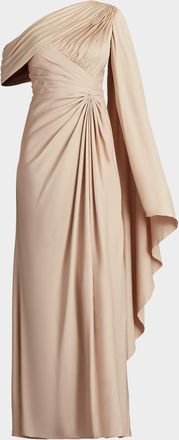 Tadashi Shoji Pleated One-Shoulder Cape Gown