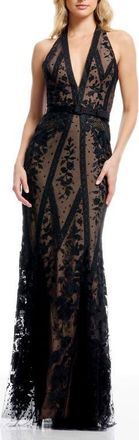 Dress The Population Devin Embroidered Lace Halter Evening Gown in Black/nude at Nordstrom, Size Medium