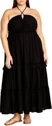City Chic Ivy Clip Dot Tiered Halter Dress in Black at Nordstrom, Size Xxl