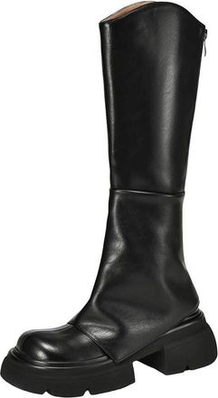 Generic Womens Leather Round Toe Mid Heel Riding Boots With Zipper Warm Vintage Platform Knee-High Boots