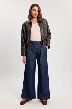 Karen Millen Womens Denim Belted Wide Leg Trouser - Indigo Blue Cotton - Size 16 UK