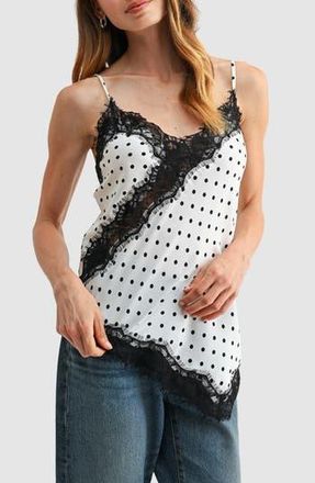 Lush Lace Trim Asymmetrical Polka Dot Camisole in White Black Dot at Nordstrom Rack, Size X-Small