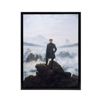 Artery8 Friedrich Wanderer Above Sea Fog Framed Canvas Wall Art Print in Blue | Size: W24 x H32