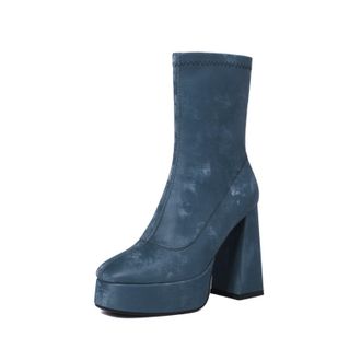 Generic Womens Retro Round Toe Ankle Boots With Stretch Fabric Thick Platform And High Chunky Block Heels Featuring Smooth Upper, Supportive Fit And Durable O