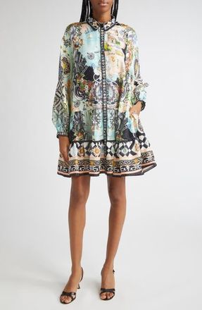 Camilla Folk Afloat Tiered Long Sleeve Silk Shirtdress at Nordstrom, Size Large
