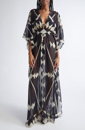 Johanna Ortiz Secret Garden Georgette Caftan Dress in Black /Ecru at Nordstrom, Size 4