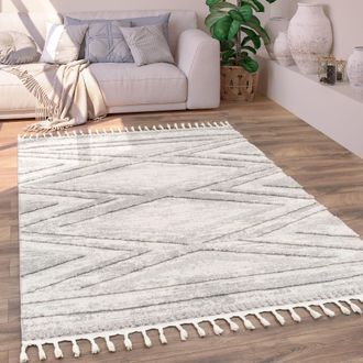 Paco Home Paco Home Alfombra Salon De Habitacion Pelo Corto Boho Chic Etnica Nordica Rombo 3d Flecos 200x290 Cm, Gris