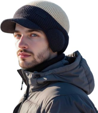 Generic Yuan Winter Hat, Winter Knitted Baseball Cap for Men, Fleece Lined Thick Knitted Hat with Ear Flaps (Beige)