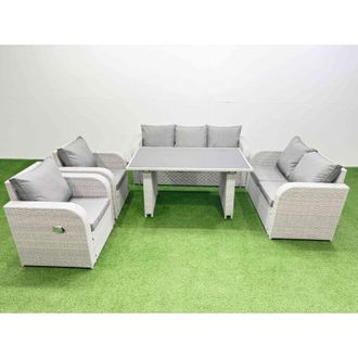 Fimous 7 Seater Garden Furniture Set pe Ratten Garden Sofa Set with Rectangular Dining Table Light Grey - Fimous