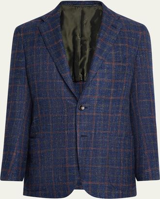 Kiton Mens Windowpane Tweed Patch-Pocket Sport Coat