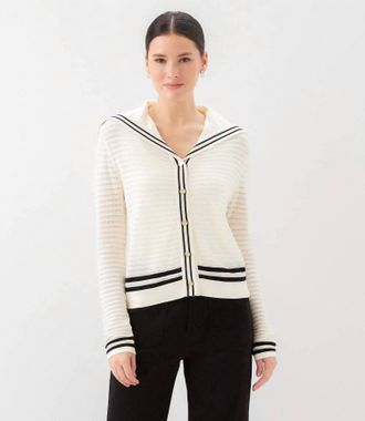 Karen Kane Stripe Sailor Collar Cardigan Sweater In Off White With Black