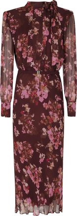 Nissa Bordeaux Ruffle Waistband Floral Print Viscose Evening Dress