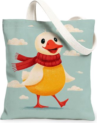 Generic Playful Duck Canvas Tote Bags, Cute Bird Design Reusable Grocery Bags, Winter Lightweight Washable Shoulder Strap Canvas Fo, Yellow, 13x15 Inch
