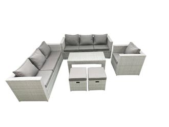 Fimous Wicker PE Rattan Sofa Garden Furniture Set with Oblong Coffee Table Armchair 2 Small Footstools Light Grey Mixed
