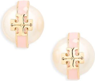 Tory Burch Moondance Faux Pearl Stud Earrings in Light Brass /Pearl /Pink at Nordstrom