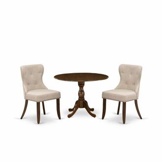 East West Furniture DMSI3-AWA-04 3 Piece Dining Table Set Includes 1 Drop Leaves Wooden Table and 2 Light Tan Linen Fabric Dinning Chairs Button Tufted Back white Nail He