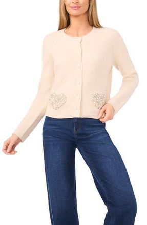 CeCe by Cynthia Steffe Rhinestone Heart Pocket Cardigan in Birch at Nordstrom Rack, Size Xx-Large