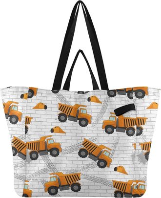 Generic Engineering Vehicle Orange pattern Reusable Canvas Tote Bag, Heavy Duty Grocery Shopping Bag with Hard Bottom Double Handles Large Capacity Work Groce