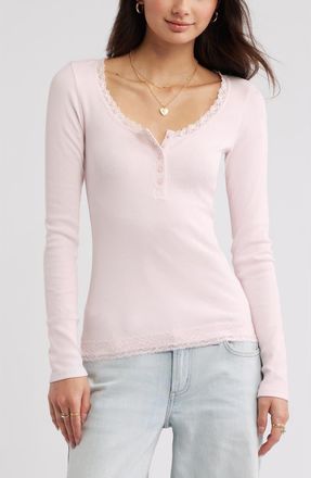 BP. Lace Trim Cotton Blend Rib Henley in Pink Primrose at Nordstrom, Size Medium