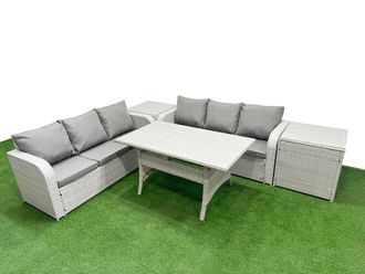 Fimous Outdoor Garden Furniture Sets 6 Seater Wicker Rattan Furniture Sofa Sets w/ Rectangular Dining Table high Back Lounge Sofa 2 Side Table Light