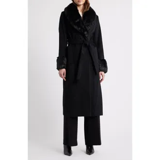 Via Spiga Wool Blend Coat with Faux Fur Trim in Black at Nordstrom, Size 10