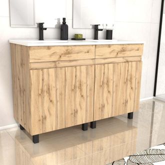 Aurlane Mueble de Baño 120cm 4 PuertasRoble Natural + Lavabo de cerámica Blanco - timber 120