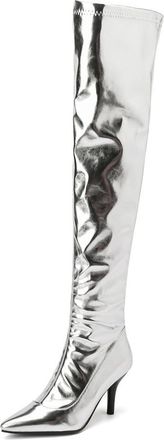 Generic Womens PU Leather Thigh High Boots with Side Zipper Pointed Toe Over The Knee Boots Stiletto High Heel Slouchy Long Boot,Silver,3.5 UK