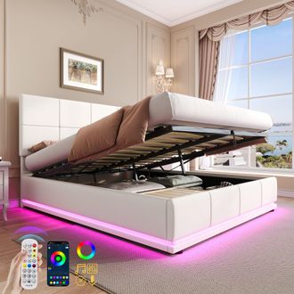 Matteo Cream White 4ft6 Double Ottoman Bed Frame with RGB LED Lighting, Faux Leather Upholstery & Hydraulic Storage