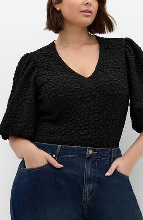 City Chic Chrissie Texture Puff Sleeve Top in Black at Nordstrom