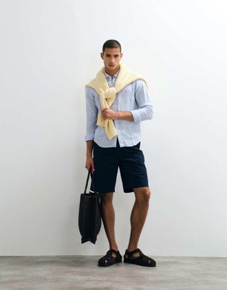 Polo Ralph Lauren custom fit camicia sportiva a maniche lunghe in lino azzurro-Blu