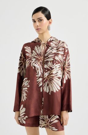 Brunello Cucinelli Bloom print pongee shirt in Bordeaux at Nordstrom, Size Xx-Small Eu