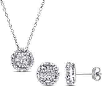 Delmar Diamond Halo Pendant Necklace & Stud Earrings Set in White at Nordstrom Rack