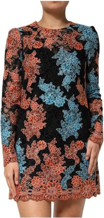 Dolce & Gabbana Bloemrijk Geborduurde Shift Mini Jurk - Dames - Korte kleedjes - Veelkleurig - L - Katoen - Kleedjes