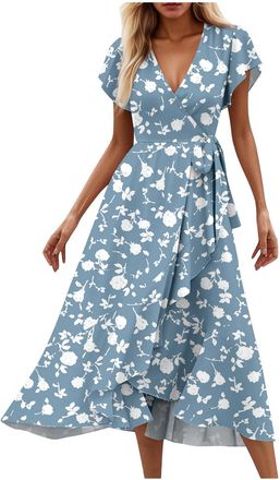 Generic Womens Summer Casual Maxi Dress Sexy V-Neck Short Sleeve Long Flowy Dresses Lace Up Loose Beach Dresses Floral Print Boho Holiday Dress Trendy Elegant