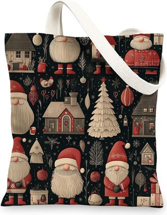 Generic Seamless Merry Christmas Gnome Canvas Tote Bag for Shopping 13x15, Black Fun Cool Xmas Reusable Grocery Print Bag for Women Men, Holiday New Year Aest