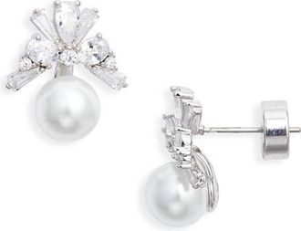 Nordstrom Cubic Zirconia & Faux Pearl Stud Earrings in Clear White Silver at Nordstrom