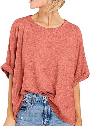 Generic Oversized T-Shirt for Women Casual Baggy Short Sleeve Basic Pullover Tops Summer Tshirts Plain Colour Loose Fitting Classic-Fit Blouse Tops Plus Size 