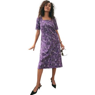 Jessica London Stretch Cotton Square Neck Midi Dress in Purple Garden Paisley at Nordstrom, Size 16