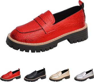 Generic Womens Lug Sole Chunky Loafer Platform Comfortable Slip-On Dressy Business Casual Work Shoes Fashion Round Toe Leather Loafers for Women Lightweight L