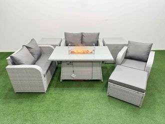 Fimous High Back Poly Rattan Garden Furniture Set w/ Reclining Chair Loveseat Sofa Firepit Dining Table Indoor Outdoor Patio Set Big Stool 2 Side