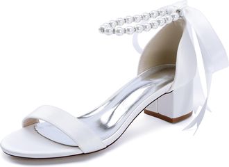 Generic Wedding Pearls Block Heels Sandals Open Toe Ankle Strap Bridal Evening Party Summer Satin Low Heel Shoes 4.5Cm,White,10 UK