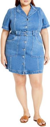 City Chic Melina Belted Denim Minidress in Mid Wash at Nordstrom Rack, Size M/18W