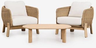 Sklum Conjunto De Sal&oacute;n Con 2 Sillones Y Mesa De Centro En Madera De Acacia Y Rat&aacute;n Leilan Sklum