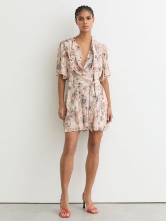 Reiss Neutral Metallic-floral Flippy Mini Dress, 12